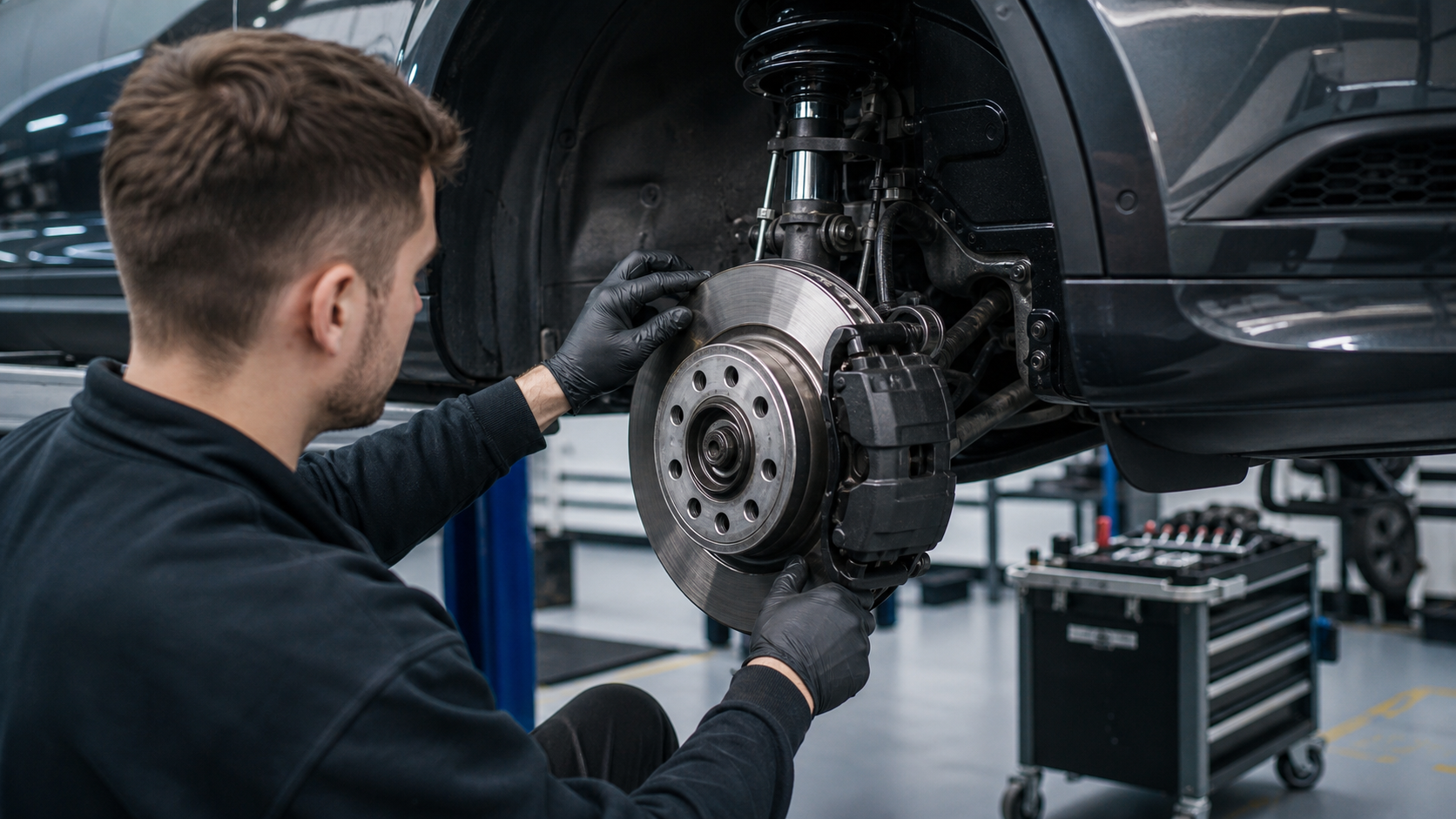 Brake and suspension inspection on a European car