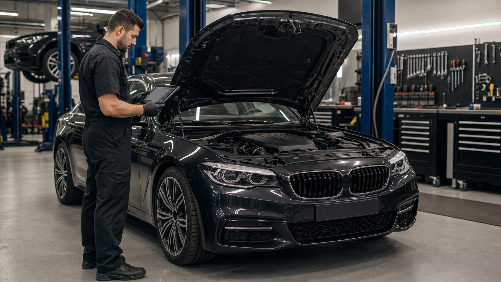 Mechanic diagnosing a European car in a modern workshop