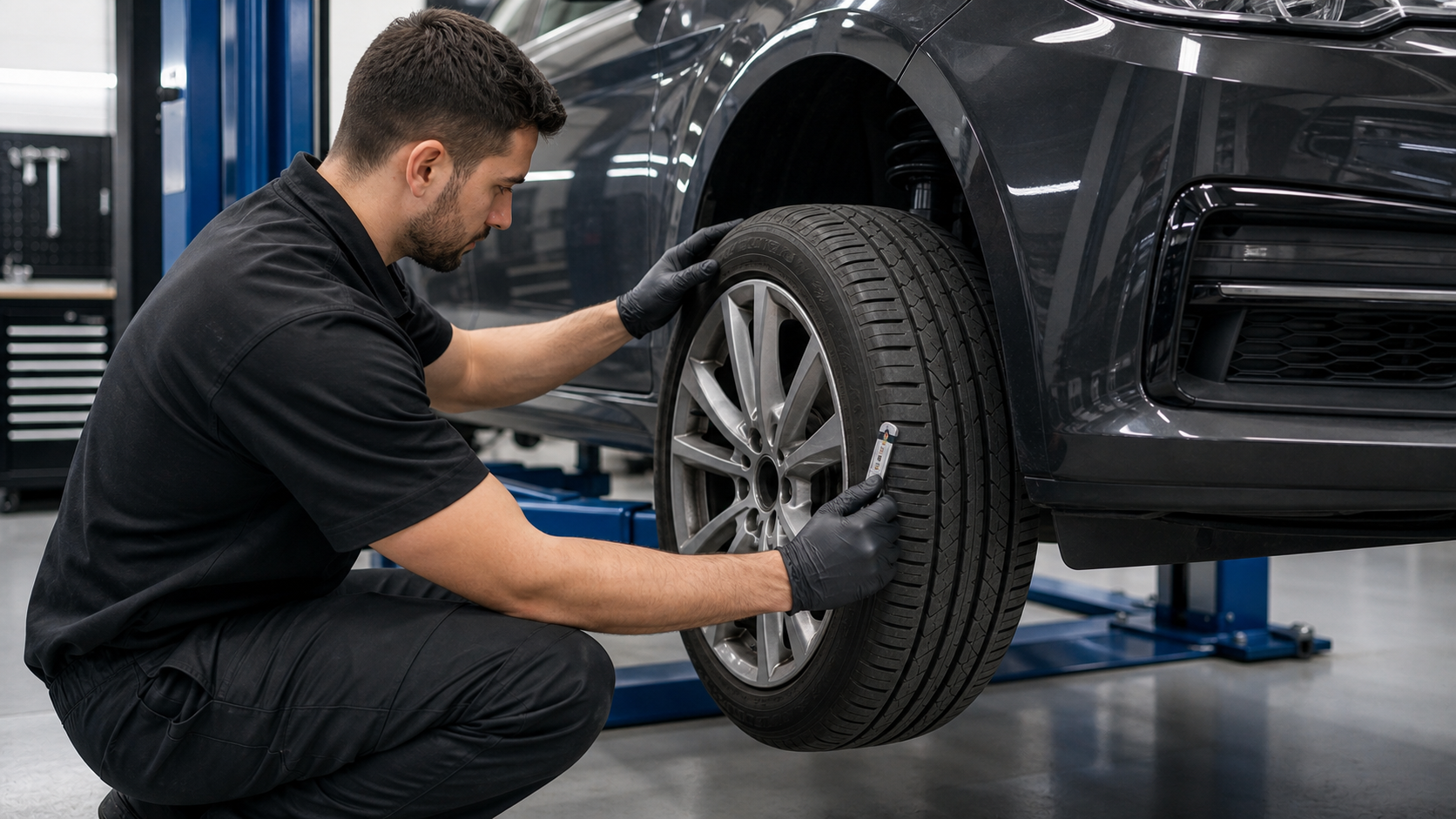Technician checking tyre tread on a European car